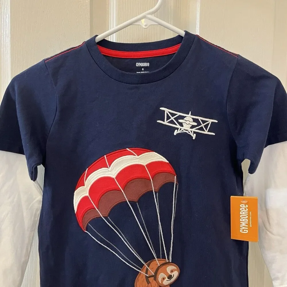 Gymboree Aviator School Parachute Sloth Airplane Applique Layered Top Boys 6 NWT